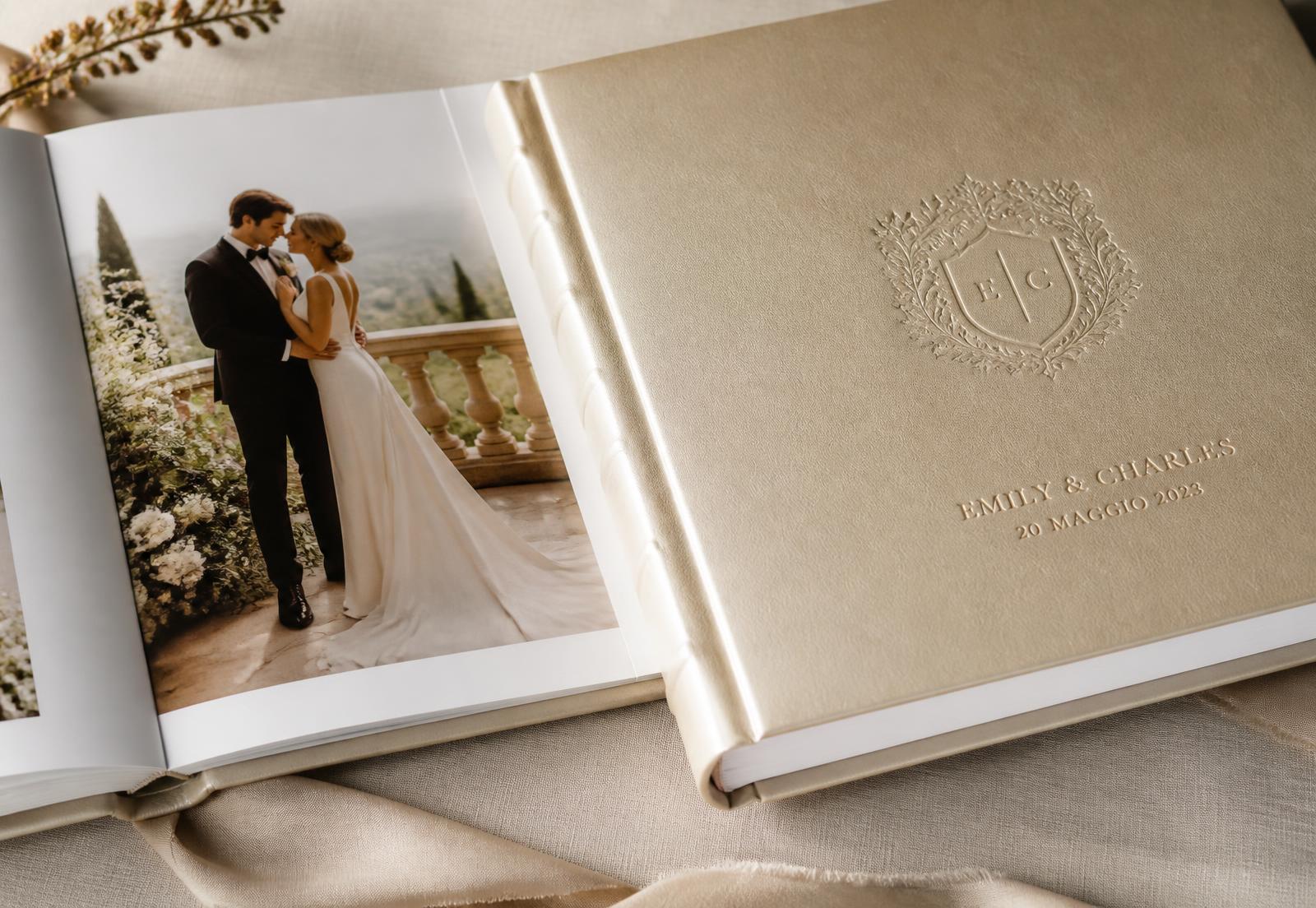 Handcrafted Italian leather wedding album open to a photograph